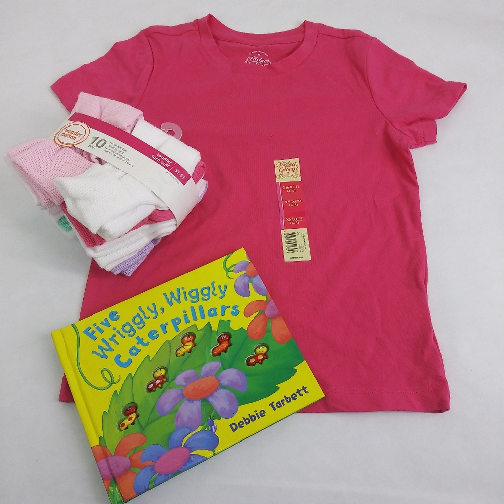 Girl's Bundle NWT Wonder Nation Socks/ NWT Faded Glory Tee Caterpillar Book